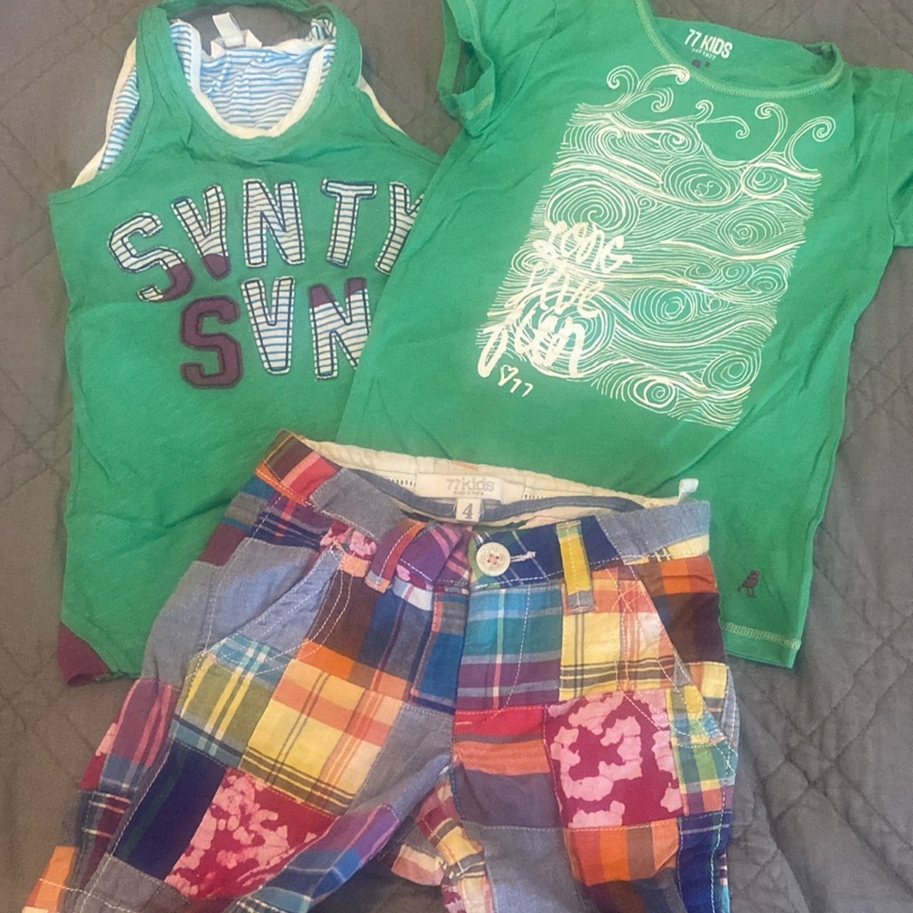77 Kids American Eagle sz 4 5 plaid shorts tee shirt green waves lot bundle